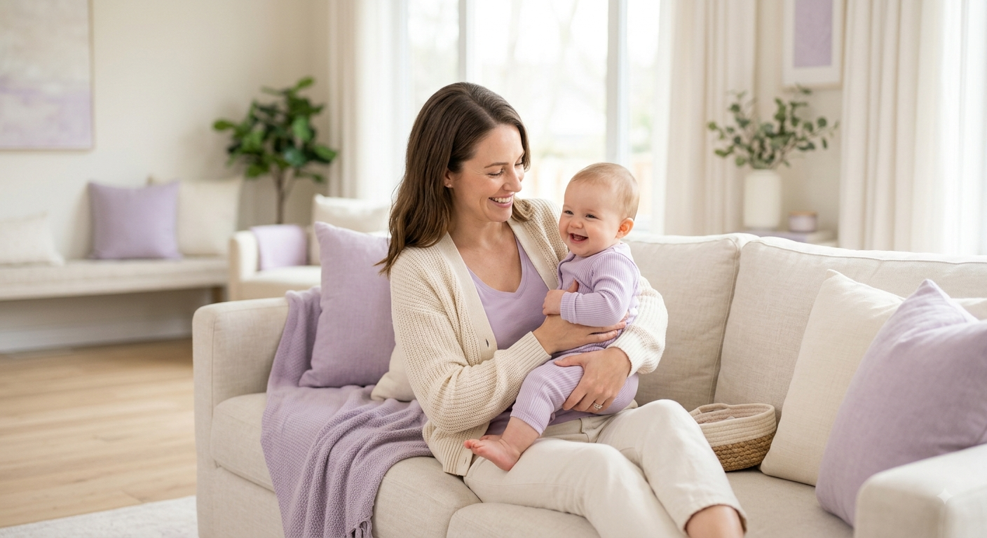 Mother holding a happy baby in a brightly lit, cozy living room